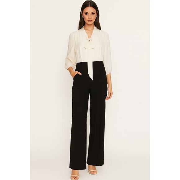 Modcloth Pretty Polished Twofer Jumpsuit Tie 3/4 Sleeve Wide Leg Black Ivory S - Picture 1 of 7